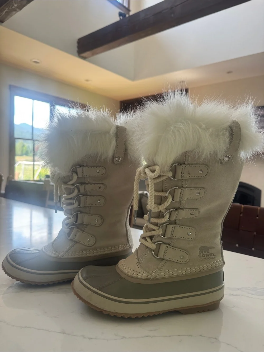 SOREL Joan of Arctic cream suede taupe faux fur waterproof winter snow boots